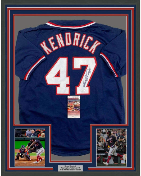 Framed Autographed/Signed Howie Kendrick 35x39 Washington Blue Baseball Jersey JSA COA