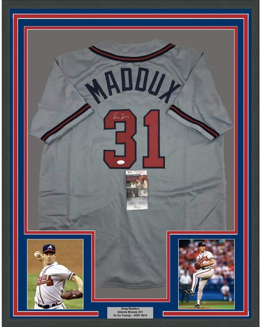 Framed Autographed/Signed Greg Maddux 35x39 Atlanta Grey Baseball Jersey JSA COA