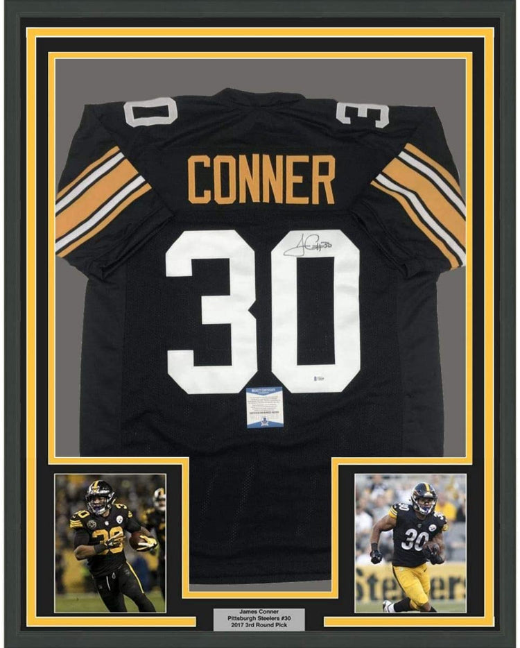 Framed Autographed/Signed James Conner 35x39 Pittsburgh Black Football Jersey Beckett BAS COA