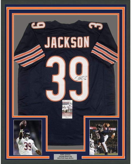 Framed Autographed/Signed Eddie Jackson 35x39 Chicago Blue Football Jersey JSA COA
