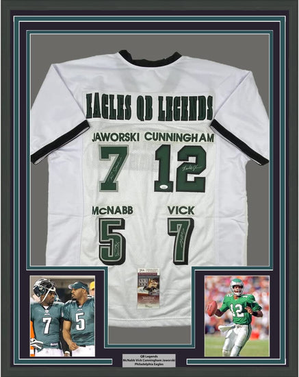 Framed Autographed/Signed Eagles QB Legends McNabb Cunningham Vick Jaworski 35x39 Philadelphia White Football Jersey JSA COA