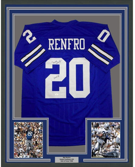 Framed Autographed/Signed Mel Renfro HOF 96 35x39 Dallas Blue Football Jersey JSA COA