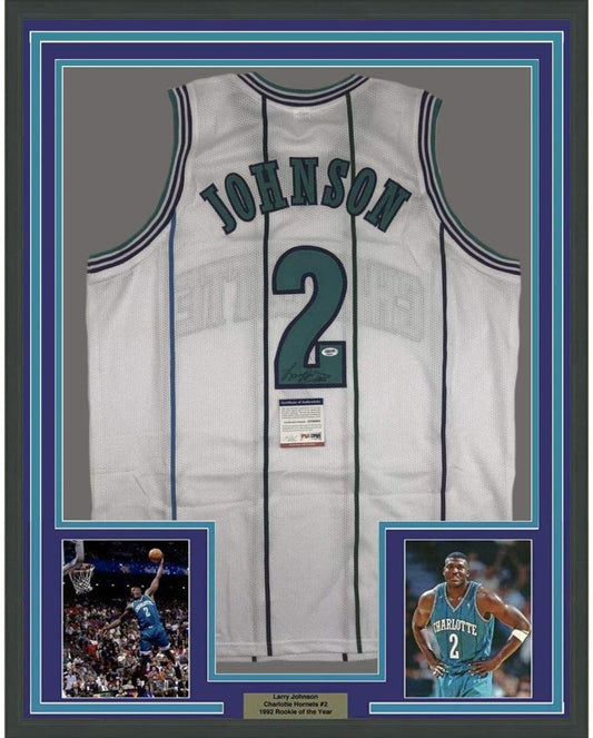 Framed Autographed/Signed Larry Johnson 35x39 Charlotte White Basketball Jersey PSA/DNA COA