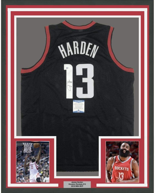 Framed Autographed/Signed James Harden 35x39 Houston Black Basketball Jersey Beckett BAS COA