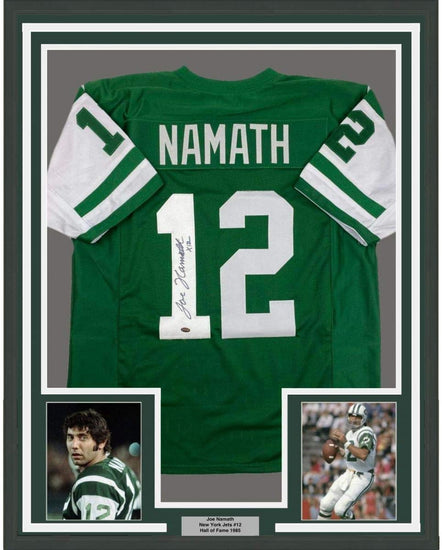 Framed Autographed/Signed Joe Namath 35x39 New York Green Football Jersey GTSM COA Holo Only