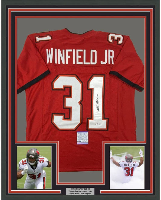 Framed Autographed/Signed Antoine Winfield Jr 35x39 Tampa Bay Red Football Jersey PSA/DNA COA