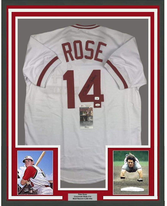 Framed Autographed/Signed Pete Rose Hit King 35x39 Cincinnati White Baseball Jersey JSA COA