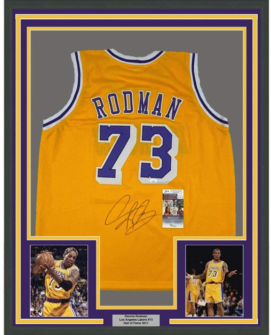 Framed Autographed/Signed Dennis Rodman 35x39 Los Angeles LA Yellow Basketball Jersey JSA COA