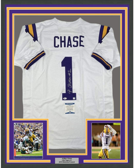 Framed Autographed/Signed Ja'Marr Chase 35x39 LSU White College Football Jersey Beckett BAS COA