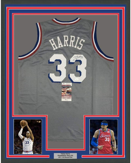 Framed Autographed/Signed Tobias Harris 35x39 Philadelphia Grey Basketball Jersey JSA COA