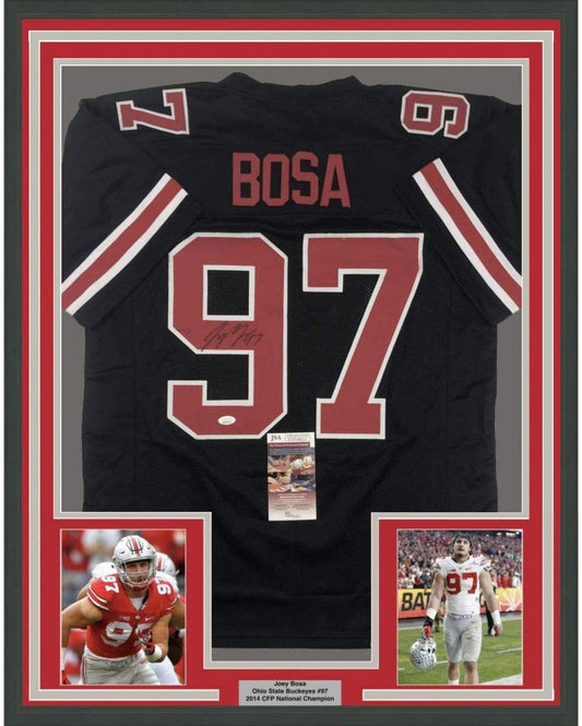 Framed Autographed/Signed Joey Bosa 35x39 Ohio State Black College Football Jersey JSA COA