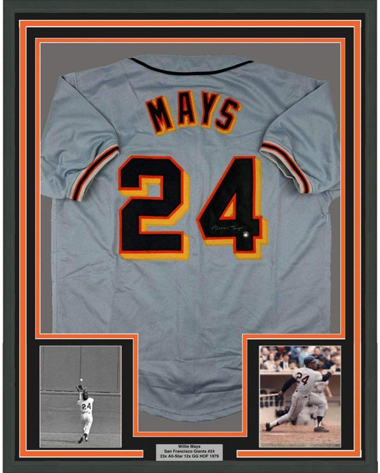 Framed Autographed/Signed Willie Mays 35x39 San Francisco Grey Baseball Jersey Say Hey Hologram COA