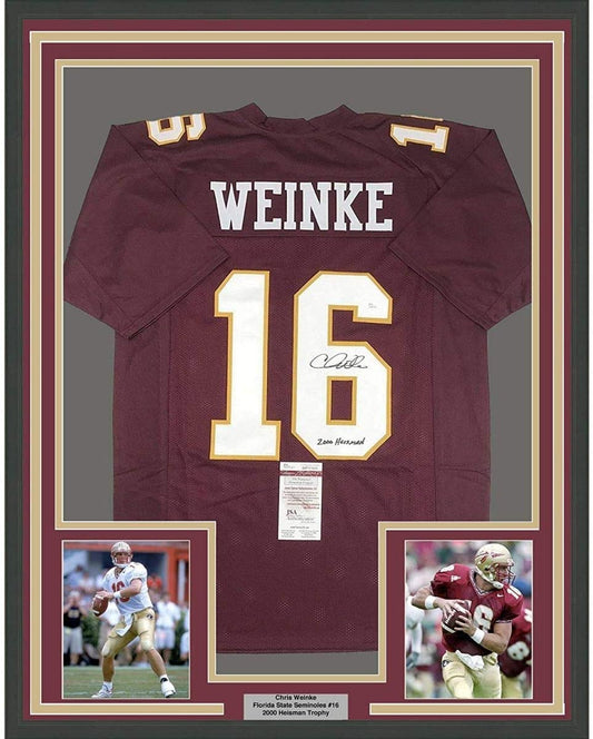 Framed Autographed/Signed Chris Weinke"2000 Heisman" 35x39 Florida State Seminoles Maroon College Football Jersey JSA COA