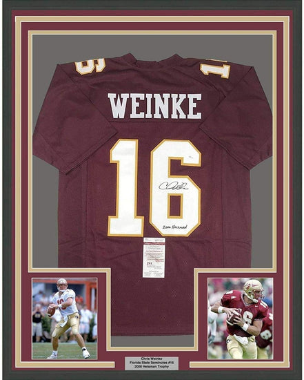 Framed Autographed/Signed Chris Weinke"2000 Heisman" 35x39 Florida State Seminoles Maroon College Football Jersey JSA COA