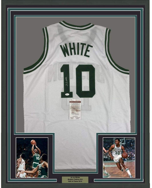 Framed Autographed/Signed Jo Jo JoJo White 35x39 Boston White Basketball Jersey JSA COA