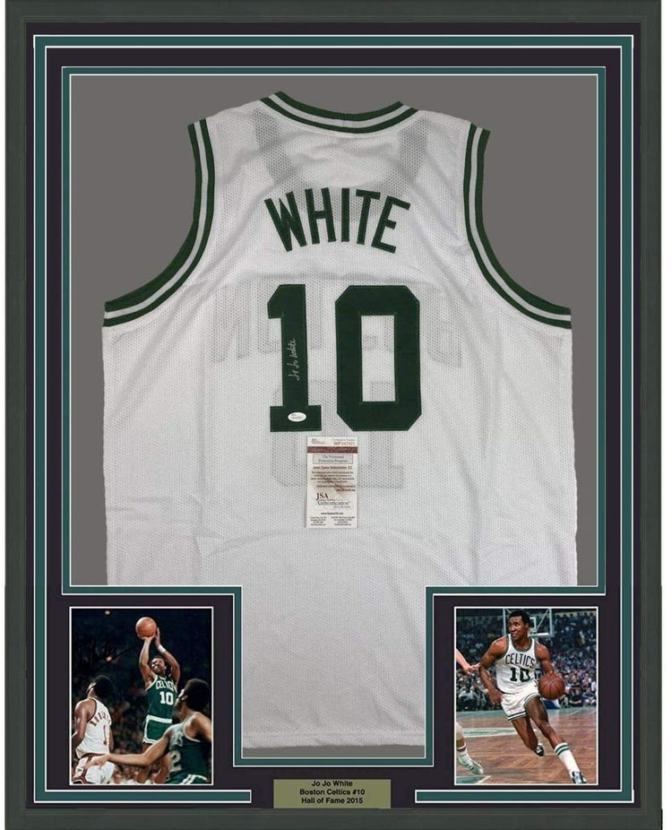 Framed Autographed/Signed Jo Jo JoJo White 35x39 Boston White Basketball Jersey JSA COA