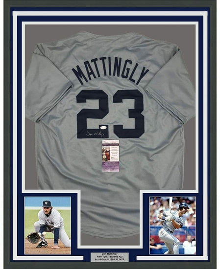 Framed Autographed/Signed Don Mattingly 35x39 New York Grey Baseball Jersey JSA COA