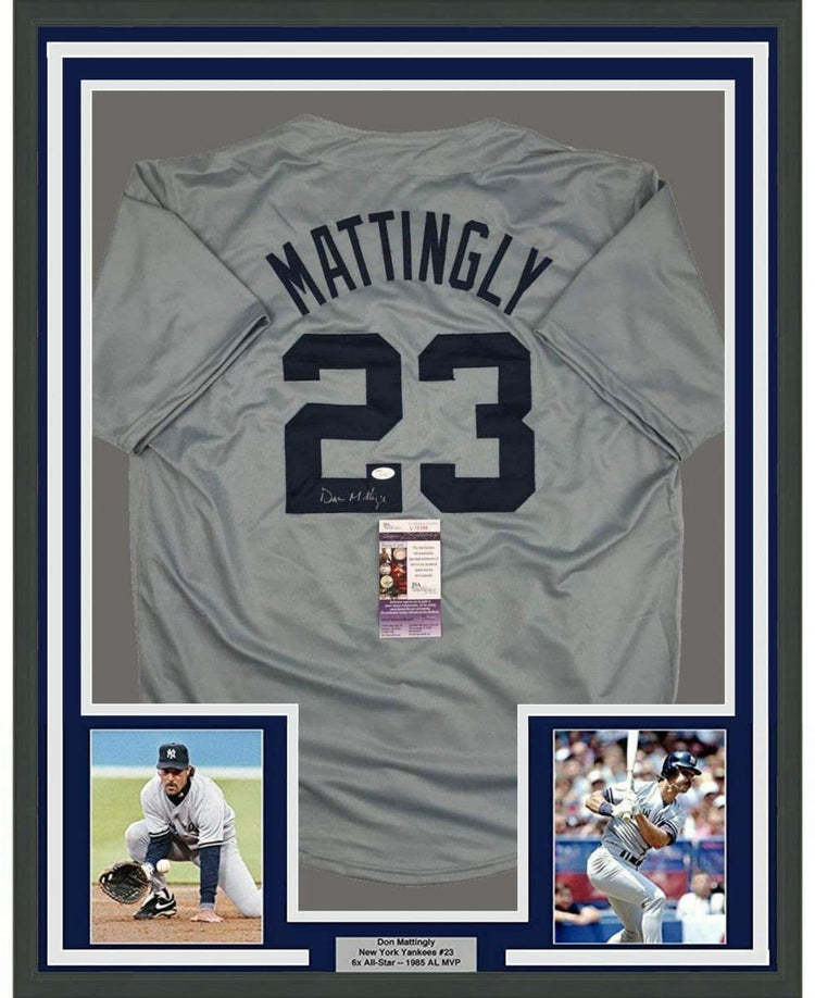 Framed Autographed/Signed Don Mattingly 35x39 New York Grey Baseball Jersey JSA COA
