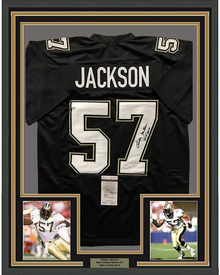 Framed Autographed/Signed Rickey Jackson 35x39 New Orleans Saints Black Football Jersey JSA COA
