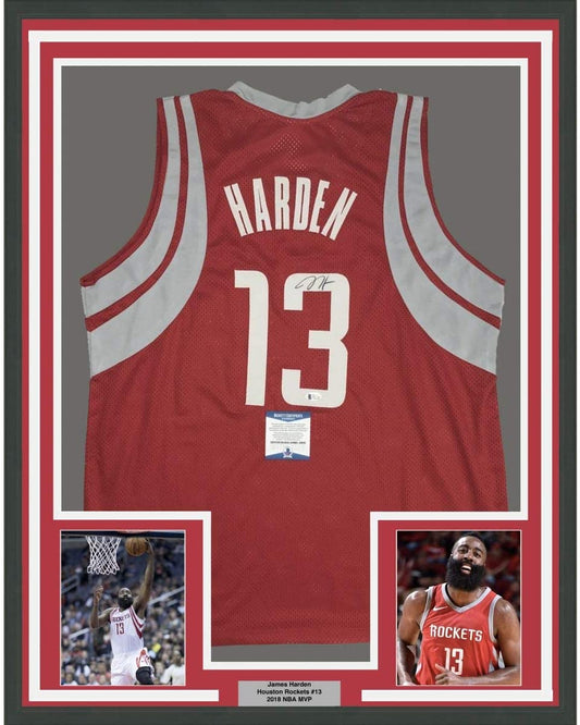 Framed Autographed/Signed James Harden 35x39 Houston Red Basketball Jersey Beckett BAS COA