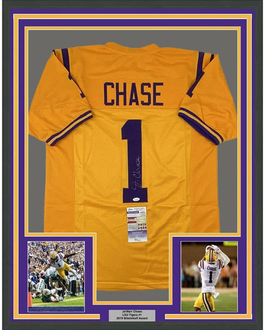 Framed Autographed/Signed Ja'Marr Chase 35x39 LSU Yellow College Football Jersey JSA COA