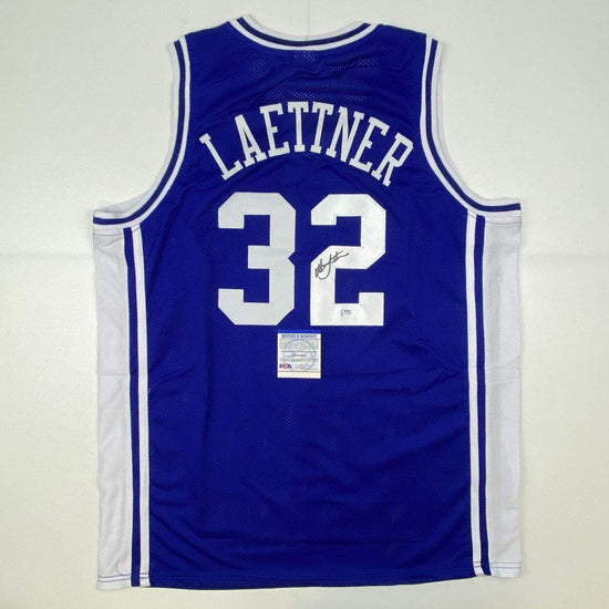 Autographed/Signed Christian Laettner Duke The Shot Blue College Basketball Jersey PSA/DNA COA