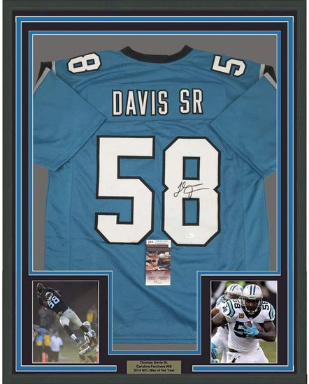 Framed Autographed/Signed Thomas Davis Sr. 35x39 Carolina Blue Football Jersey JSA COA