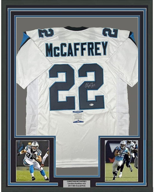 Framed Autographed/Signed Christian McCaffrey 35x39 Carolina White Football Jersey Beckett BAS COA