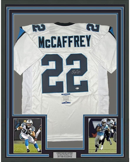 Framed Autographed/Signed Christian McCaffrey 35x39 Carolina White Football Jersey Beckett BAS COA
