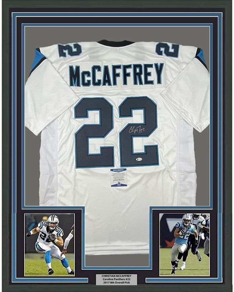 Framed Autographed/Signed Christian McCaffrey 35x39 Carolina White Football Jersey Beckett BAS COA