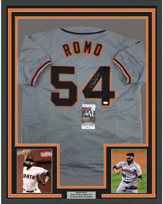Framed Autographed/Signed Sergio Romo 35x39 San Francisco Grey Baseball Jersey JSA COA