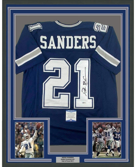 Framed Autographed/Signed Deion Sanders 35x39 Dallas Blue Football Jersey Beckett BAS COA