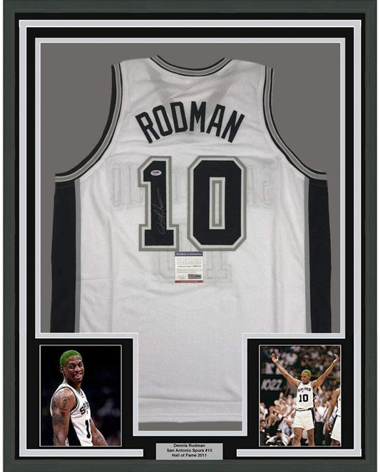 Framed Autographed/Signed Dennis Rodman 35x39 San Antonio White Basketball Jersey PSA/DNA COA