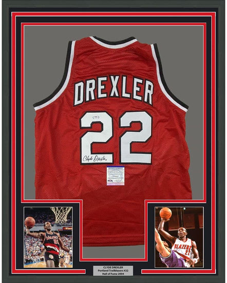 Framed Autographed/Signed Clyde Drexler 35x39 Portland Red Basketball Jersey PSA/DNA COA