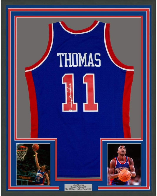Framed Autographed/Signed Isiah Thomas 35x39 Detroit Blue Authentic Swingman Mitchell & Ness Basketball Jersey Fanatics COA