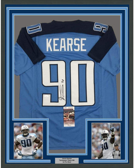 Framed Autographed/Signed Jevon Kearse 35x39 Tennessee Powder Blue Football Jersey JSA COA