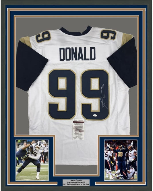 Framed Autographed/Signed Aaron Donald 35x39 Los Angeles LA White Football Jersey JSA COA