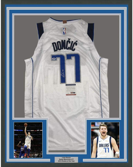 Framed Autographed/Signed Luka Doncic 35x39 Dallas White Basketball Jersey PSA/DNA COA