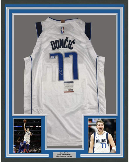 Framed Autographed/Signed Luka Doncic 35x39 Dallas White Basketball Jersey PSA/DNA COA