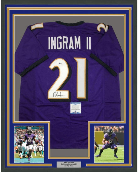 Framed Autographed/Signed Mark Ingram II 35x39 Baltimore Purple Football Jersey Beckett BAS COA
