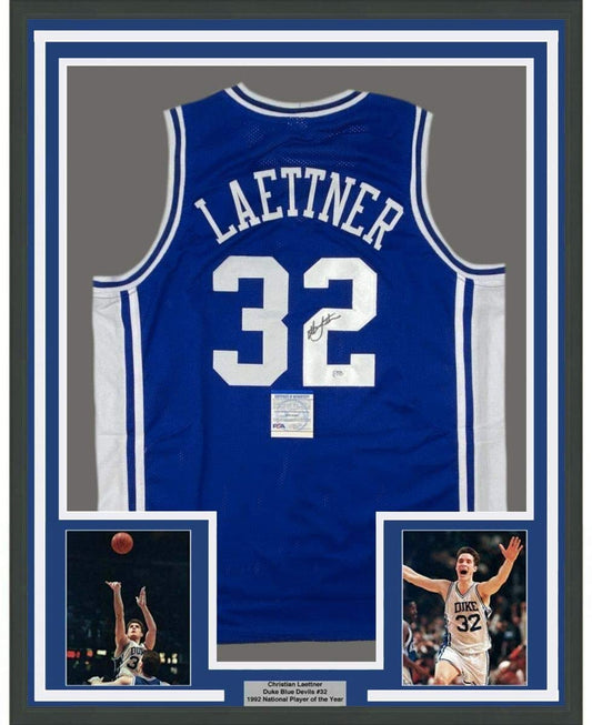 Framed Autographed/Signed Christian Laettner 35x39 Duke Blue College Basketball Jersey PSA/DNA COA