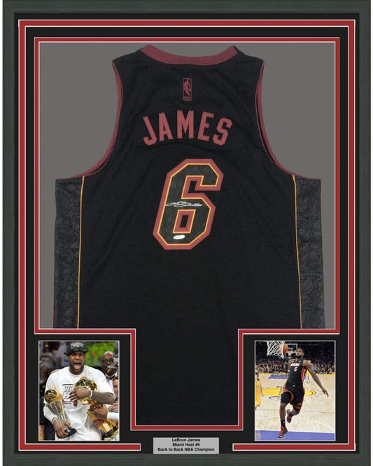 Framed Autographed/Signed LeBron James 35x39 Miami Heat Black Limited Edition Basketball Jersey Upper Deck UDA COA