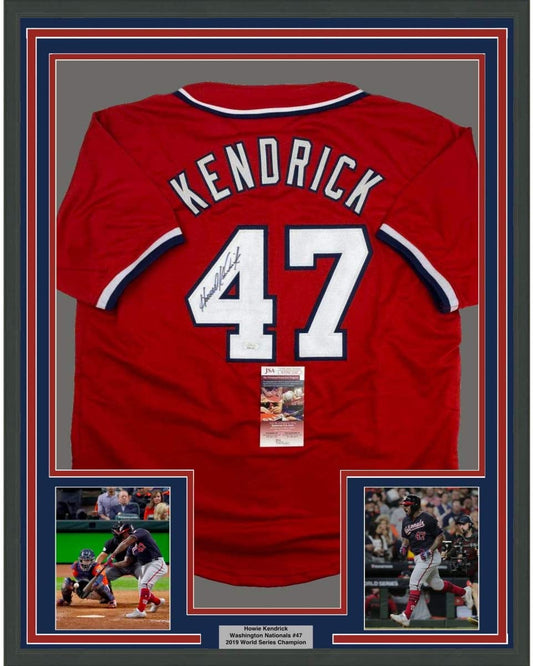 Framed Autographed/Signed Howie Kendrick 35x39 Washington Red Baseball Jersey JSA COA