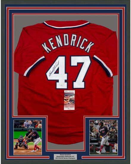Framed Autographed/Signed Howie Kendrick 35x39 Washington Red Baseball Jersey JSA COA