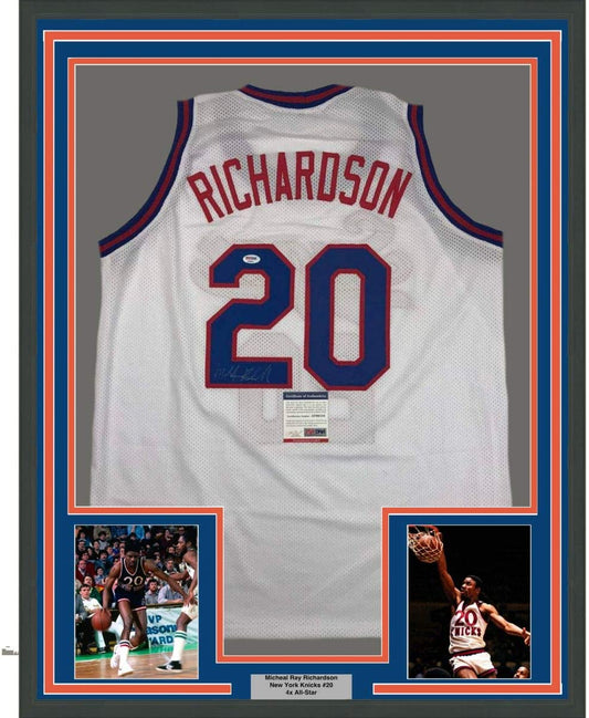 Framed Autographed/Signed Micheal Ray Richardson 35x39 New York White Basketball Jersey PSA/DNA COA
