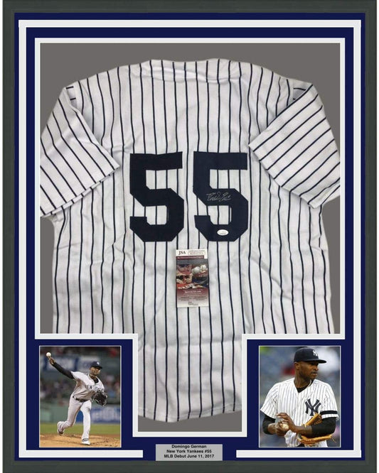Framed Autographed/Signed Domingo German 35x39 New York Pinstripe Baseball Jersey JSA COA