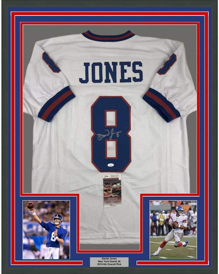 Framed Autographed/Signed Daniel Jones 35x39 New York Color Rush Football Jersey JSA COA