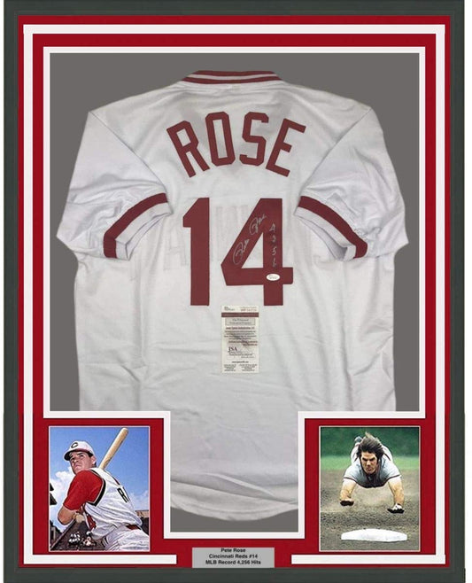 Framed Autographed/Signed Pete Rose 4256 35x39 Cincinnati White Baseball Jersey JSA COA
