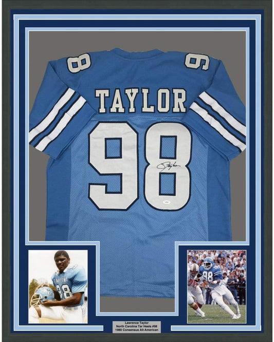 Framed Autographed/Signed Lawrence Taylor 35x39 North Carolina Blue College Football Jersey JSA COA Holo Only