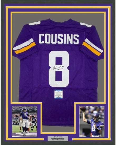 Framed Autographed/Signed Kirk Cousins 35x39 Minnesota Purple Football Jersey Beckett BAS COA